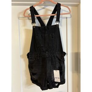 NEW Cest Toi Black Label Denim Distressed Overall Bib Shorts Womens Small Y2K